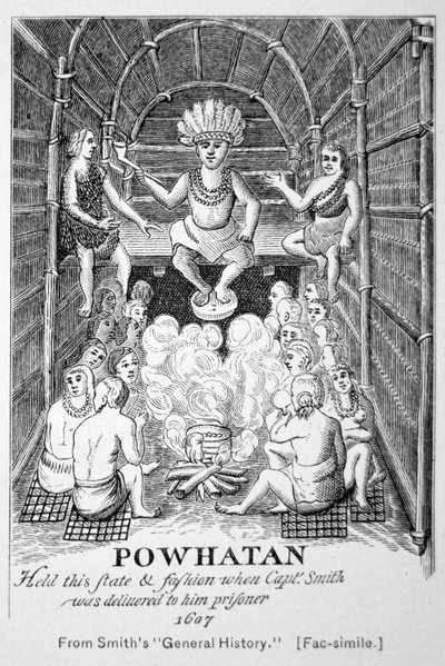 Chief Powhatan, som han dukkede op i 1607, fra Smiths 