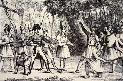 Chief Tecumseh (1768-1813) trodser general Harrison (1773-1841) (gravering) af American School