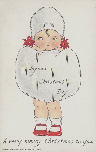 Julekort med billede af et barn med julepels og hue. (chromolitho) af American School