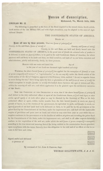 Cirkulære nr. 12, en blank ansøgning om fritagelse for tjeneste i den konfødererede hær, 24. marts 1864 af American School