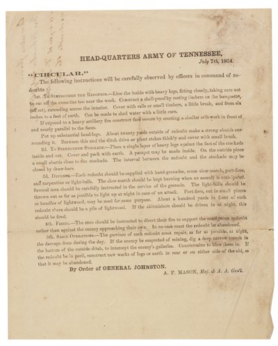 Cirkulære vedrørende konstruktion og befæstning af skanser brugt af Army of Tennessee, 7. juli 1864 af American School