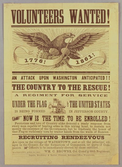 Borgerkrigsrekrutteringsplakat, 1861 (tryk) af American School