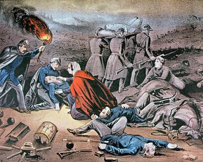 Clara Barton plejede såret under den amerikanske borgerkrig (farve litho) af American School