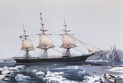 Clipper Ship Red Jacket i isen ud for Kap Horn på sin passage fra Australien til Liverpool, udgivet af Currier und Ives, 1854 af American School