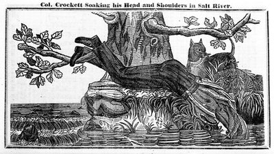 Oberst Davy Crockett gennembløder hovedet og skuldrene i Salt River, fra Crocketts Almanac, 1837 (avispapir) af American School