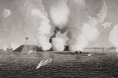 Kamp mellem det konfødererede CSS Virginia (venstre) og Union USS Monitor (højre) den 9. marts 1862 ved Hampton Roads, Virginia (detalje af 254608) af American School