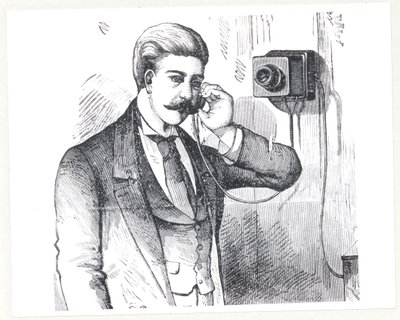 Kondensatortelefon i brug, fra The Electric Telephone af George Bartlett Prescott (f.1830), 1890 af American School