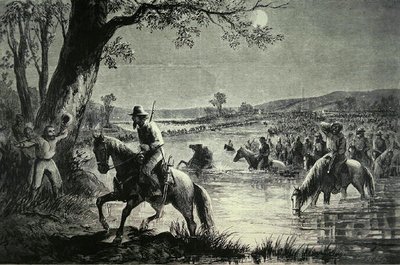 Konfødererede hær krydser Fords of Potomac River under invasionen af Maryland i 1862 (litho) af American School