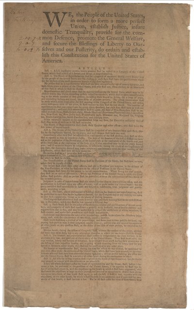 Konstitution, første tryk, trykt af Dunlap & Claypoole, 17.-19. september 1787 (se GLC 695934 for side 2) af American School
