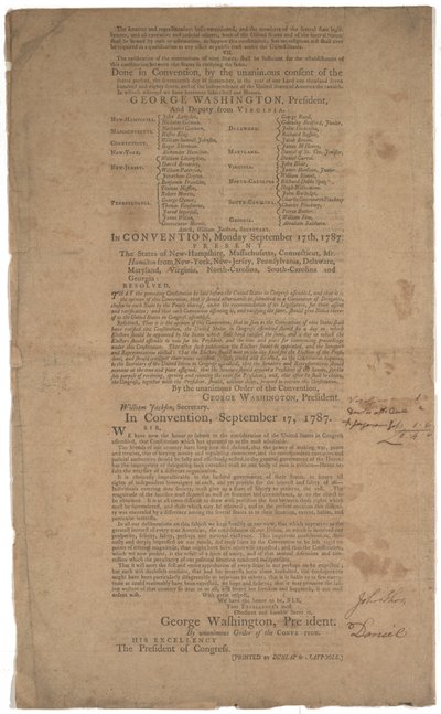 Konstitution, første tryk, trykt af Dunlap & Claypoole, 17.-19. september 1787 (se også GLC 695933, GLC 695934 & GLC 695935) af American School