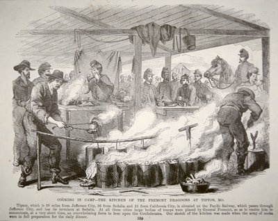 Madlavning i lejren - Fremont Dragoons køkken i Tipton, Missouri (gravering) af American School