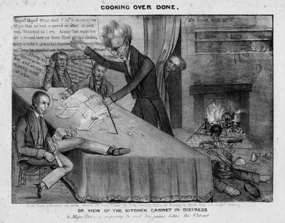 Madlavning overstået, eller, Udsigt over køkkenskabet i nød, c.1833 af American School