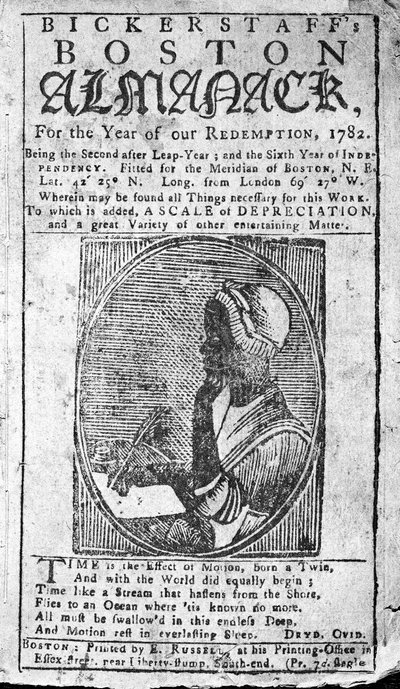 Forside af Bickerstaffs Boston Almanack med et portræt af Phillis Wheatley (1753-84) udgivet 1782 (tryk) af American School