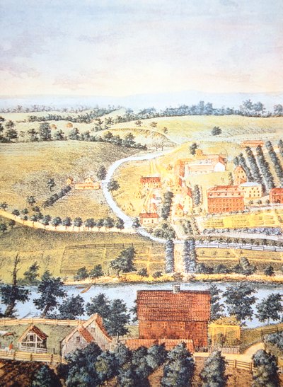 Opdyrket landbrugsland i Pennsylvania i 1750 (farve litho) af American School
