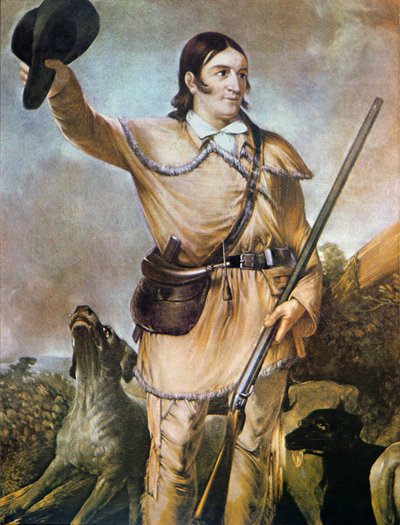 David (Davy) Crockett (1786-1836) med sine jagthunde i 1836 (farve litho) af American School