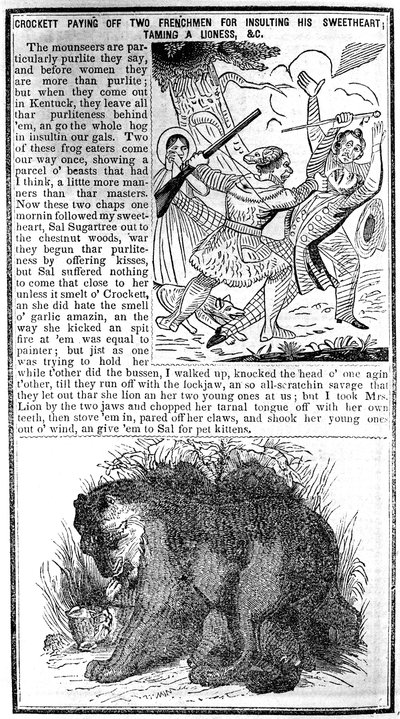 Davy Crockett betaler to franskmænd for at fornærme sin kæreste, tæmme en løvinne osv., illustration fra Crocketts Almanack af American School