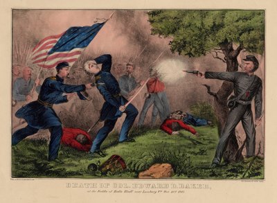 Oberst Edward D. Bakers død ved Battle of Balls Bluff nær Leesburg VA, 21. oktober 1861, pub. af Currier & Ives, ca. 1861 af American School