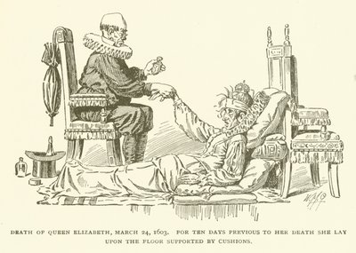 Dronning Elizabeths død, 24. marts 1603, I ti dage før hendes død lå hun på gulvet støttet af puder af American School