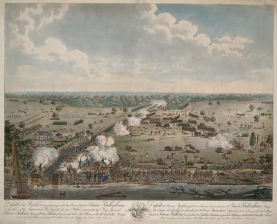 Nederlag for den britiske hær (Slaget ved New Orleans), pub. 1815 (håndfarvet gravering) af American School