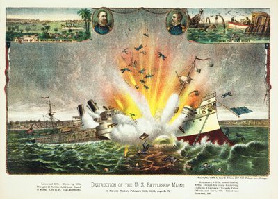 Ødelæggelse af det amerikanske slagskib Maine i Havana Havn 15. februar 1898, pub.1898 af American School