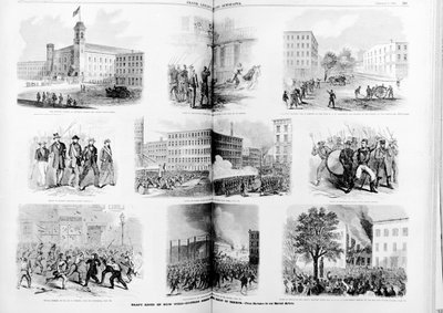 Udkast til optøjer i New York, spændende scener under terrorens regeringstid, 1863 af American School