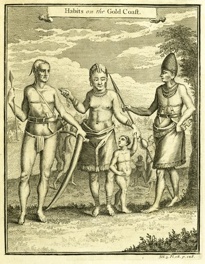 Kjole af befolkningen i Cape Lope Gonsalvo og Rio Gabon, illustration fra "Habits on the Gold Coast", af Thomas Astley, 1745-47 af American School