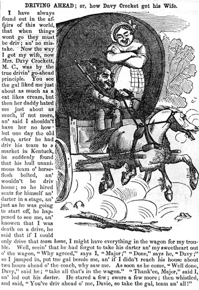 Driving Ahead, or How Davy Crockett get his Wife, fra Crocketts almanak for 1856, udgivet, New York, 1855 af American School
