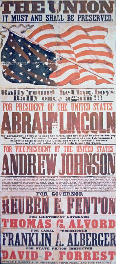 Valgkampagneplakat for Abraham Lincoln (1809-65) for præsident og Andrew Johnson (1808-75) for vicepræsident af American School