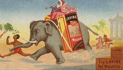 Elefant, der løber med en æske med vaskesæbe af American School