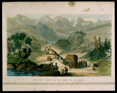 Emigrant Party on the Road to California i 1596, illustration fra Californien, dets tidligere historie, dets nuværende position, dets fremtidsudsigter af G.A. Fleming, 1850 af American School