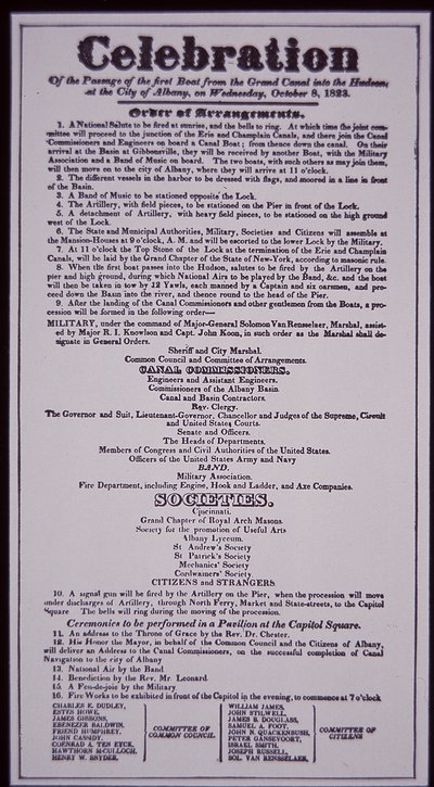 Erie Canal: nøgledel af New York State Canal System; Broadside af 8. oktober 1823, der fejrer åbningen (færdiggjort i 1825) (litho) af American School