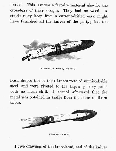 Eskimo kniv og spyd - Elisha Kent Kane, Arctic Explorations in the years 1853-1855, vol. 1, s. 206, Philadelphia af American School