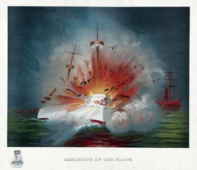 Eksplosion af Maine, pub. 1898 (farvelitografi) af American School