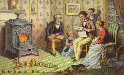 Familiesammenkomst omkring pejsen af American School