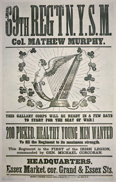Føderal rekrutteringsplakat for 69. regiment, appellerer til irske immigranter (farve litho) af American School