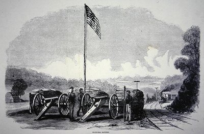 Føderalt sandsækkebatteri til beskyttelse af jernbanen under den amerikanske borgerkrig (1861-65) (litho) af American School