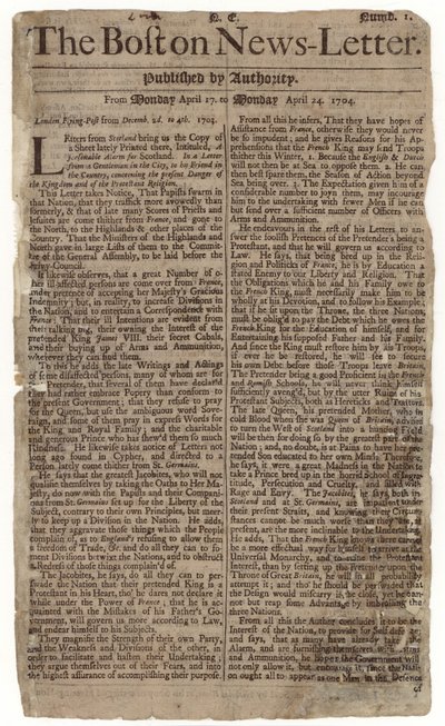 Første udgave af Boston News-Letter, 1704 (avispapir) af American School
