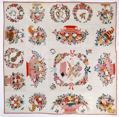 Flag- og blomsterdyne, ca. 1860 (bomuld) af American School