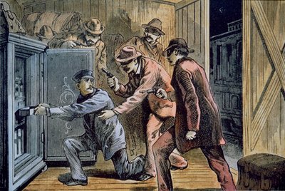 Frank og Jesse James Gang røver ekspresvognen af et tog i 1879 (farve litho) af American School
