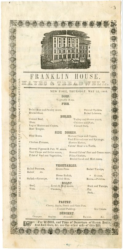 Franklin House Menu for 23. maj 1844, 1844 (indgraveret menu) af American School