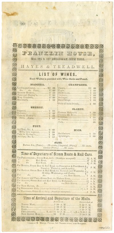 Franklin House vinkort for 23. maj 1844, 1844 (indgraveret menu) af American School