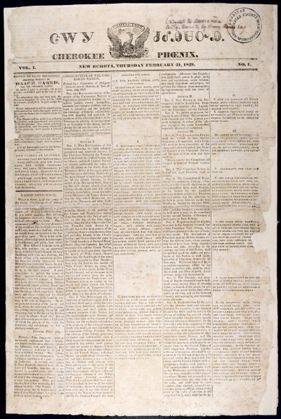 Forside fra Cherokee Phoenix, 21. februar, 1828 (tryk) af American School