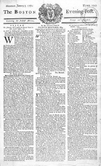 Forsiden af Boston Evening Post, der annoncerer kong George IIs død (1683-1760), 5. januar, 1761 (tryk) af American School