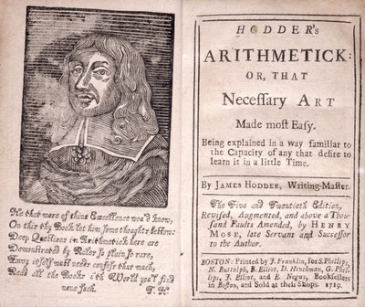 Frontispice og titelside til Hodders Arithmetic or, That Necessary Art Made most Easy, af James Hodder, 1719 af American School