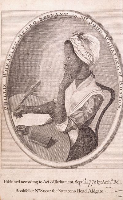 Frontispice-portræt af forfatteren, Phillis Wheatley, fra bogen 