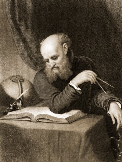 Galileo med kompas og diagrammer, ca. 1880 (kobberstik) af American School