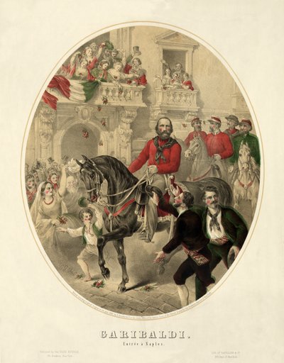 Garibaldi, entré til Napoli, pub. 1860 (håndfarvet gravering) af American School