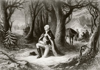 George Washington beder ved den amerikanske uafhængighedskrigs lejr i Valley Forge i vinteren 1777-78 efter et maleri af Henry Brueckner af American School