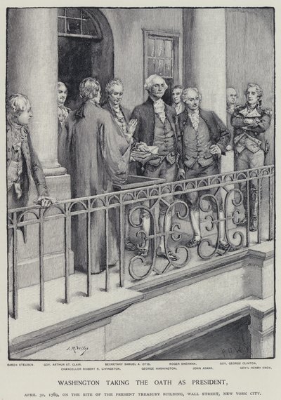 George Washington aflægger ed som præsident, 30. april 1789 (litho) af American School