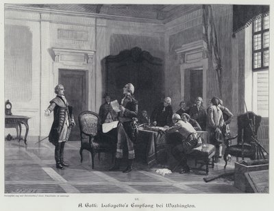 George Washington byder velkommen til Marquis de Lafayette (gravering) af American School